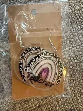 Teacher Rainbow Heart Dangle Earrings - Pink, Black, White NIB